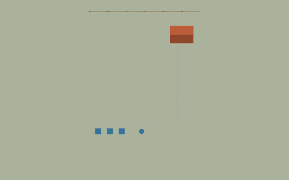 The project from above in parallel projection with View ▸ Color by Tag: the shed, the fence, the furniture and the dashed setting-out lines.