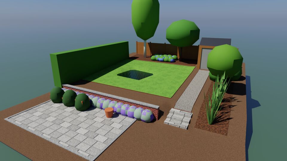 The garden you build in this guide, rendered in Terrafold with its built-in path tracer.