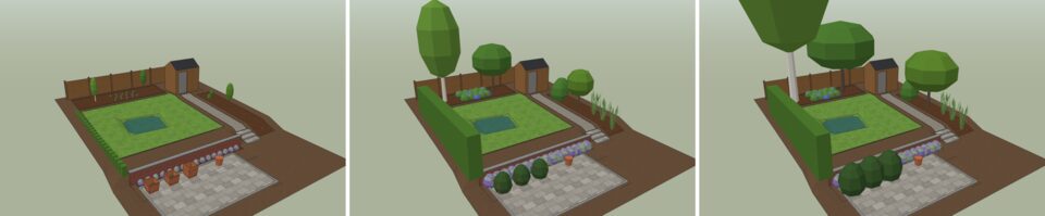 The same garden in June at planting time, after 5 years and after 15 years.