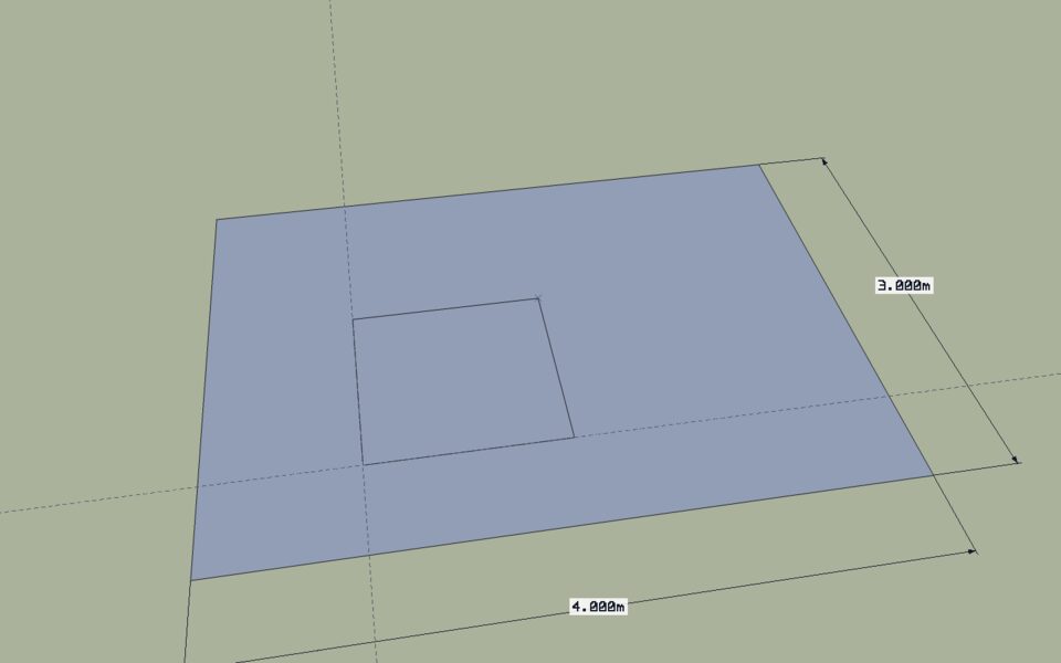Two guide lines set 0.6 m and 0.9 m in from the edges of a 4 m by 3 m area, and a square drawn from where they cross. The dimensions come from Tools ▸ Dimensions.