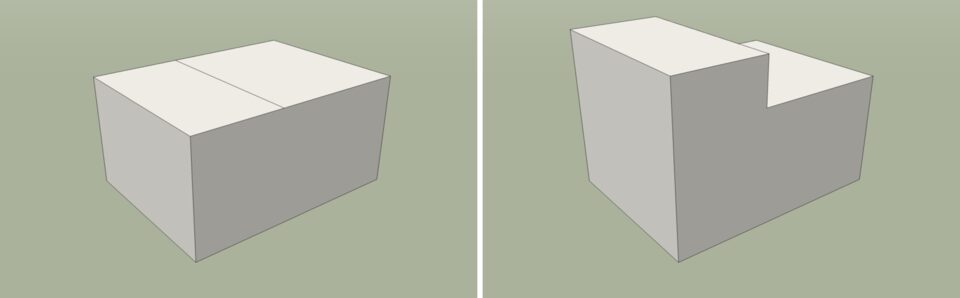 A line drawn across the top face splits it into two faces (left). Pull one of them up and the box gets a step, because the two halves share their edges (right).