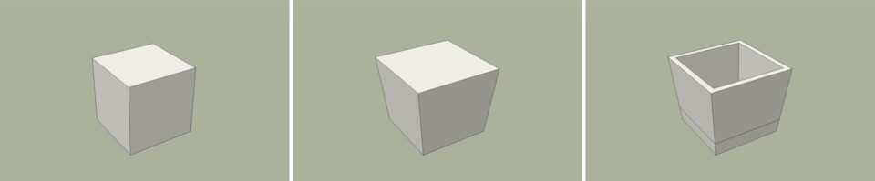 The planter: a box, its top scaled by 1.2 about its centre, then offset and pushed down.