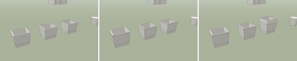 Three planter instances (left). One edited, all three change (middle). The third made unique and edited on its own (right).