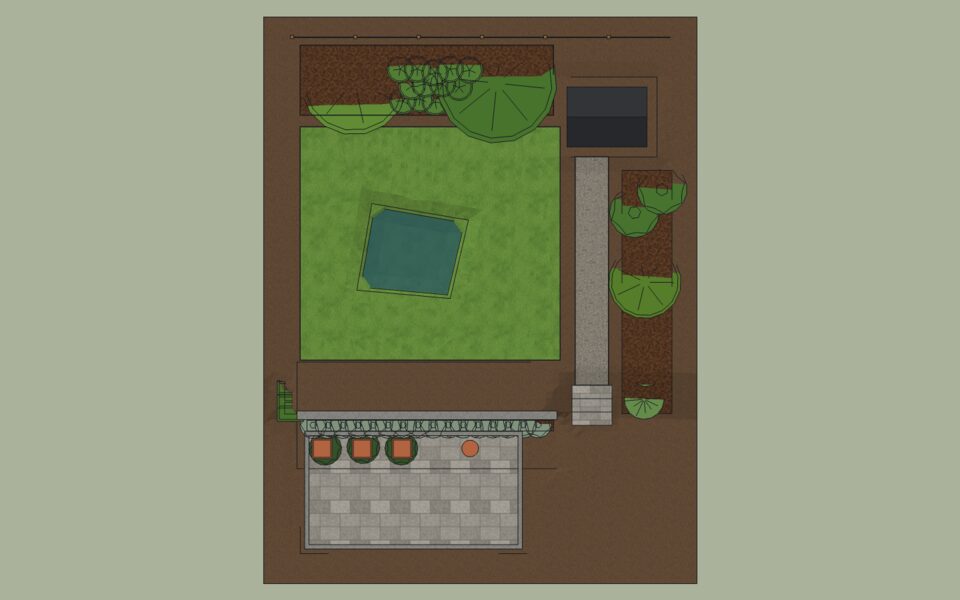 The planting plan: plan symbols from above, with the hardscape.