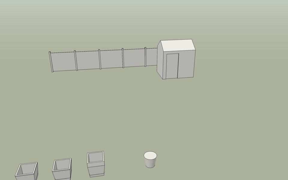 The project after chapter 5: the shed is a group, the planters, pot and fence panels are components.