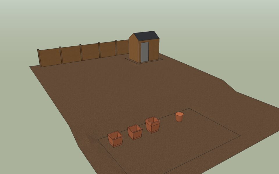 The project after chapter 8: terrain, the two pads, the shed on its pad and the fence on the ground.