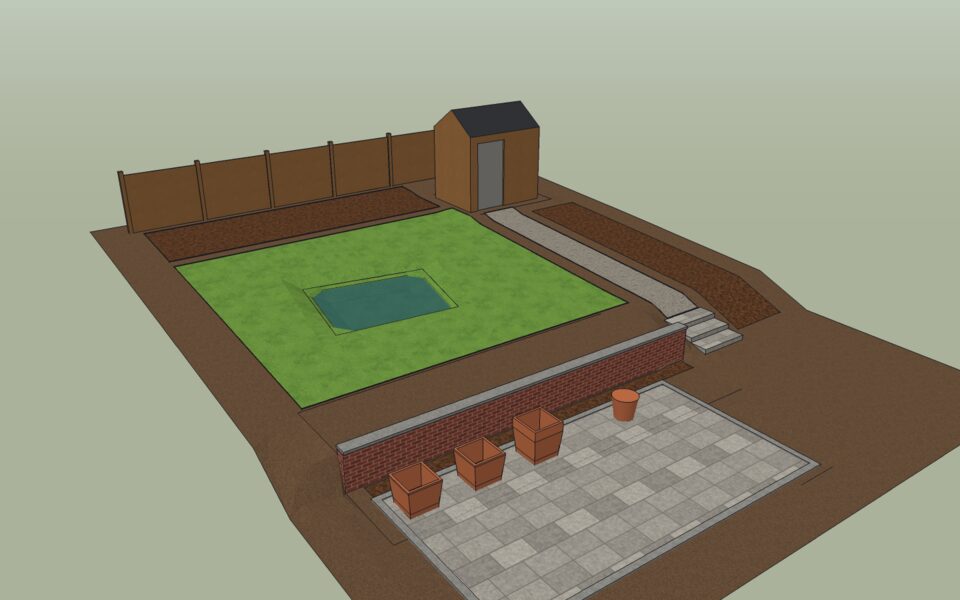 The project after chapter 9: patio, wall, steps, path, lawn with the pond, and three planting beds.