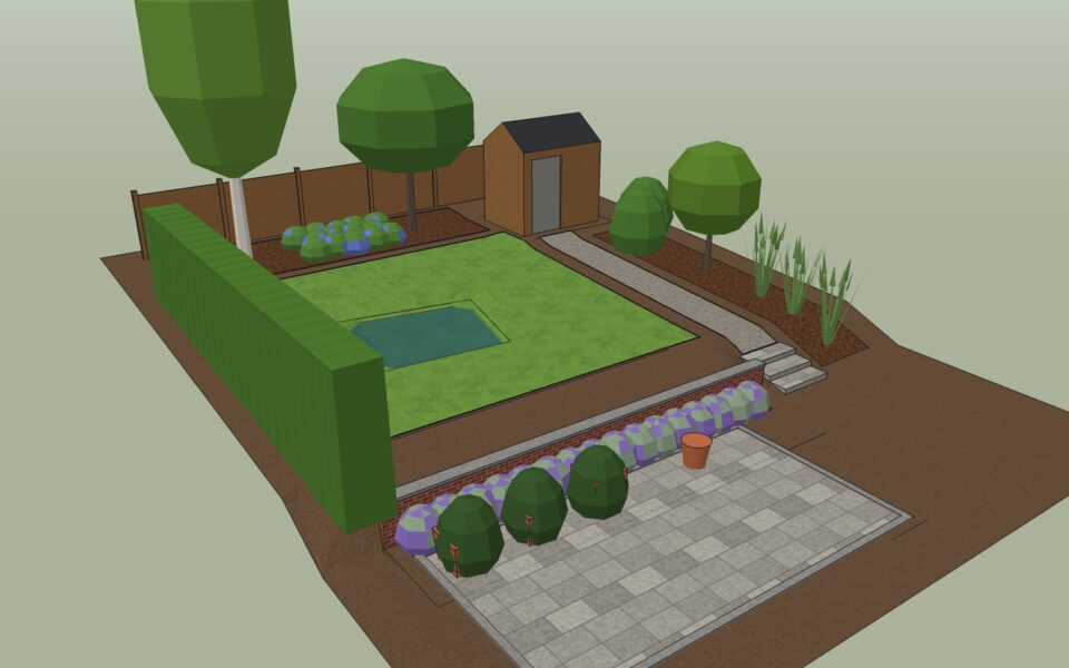 The planted garden, five years after planting, in June.