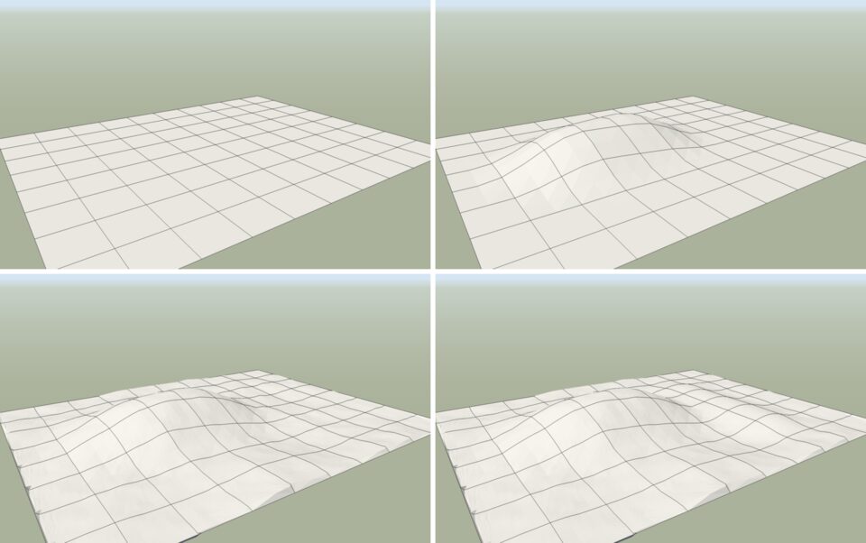 Sculpting a grid terrain: a flat grid (from scratch), a mound with Raise, relief and smoothing, and a levelled strip on the right.
