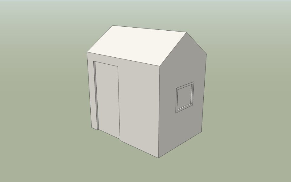 The finished shed: a door pushed in, and a window whose frame came from Offset.