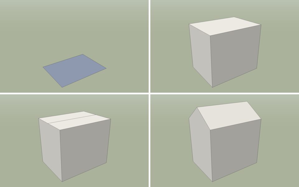 The shed in four steps: the floor plan (its back shows from above), Push/Pull 2.1 m, a line from midpoint to midpoint, and that line moved up 0.6 m.