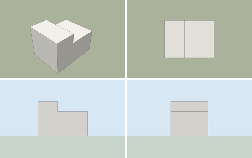 One block seen from Iso in perspective, and from Top, Front and Right in parallel projection.