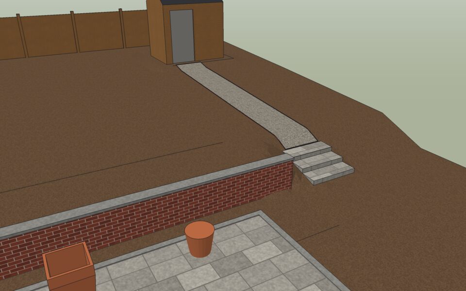 The patio with its kerb, the brick retaining wall with its cap, three steps and the gravel path to the shed.