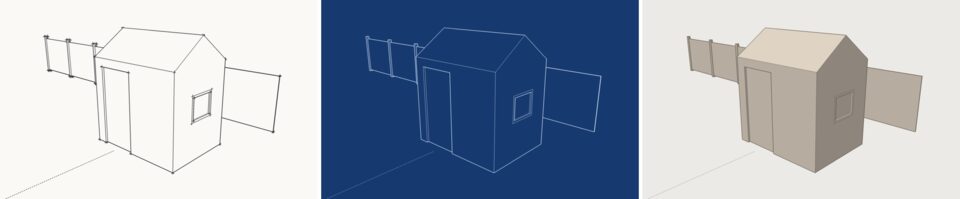 The same view in the built-in styles Pencil Study, Blueprint and Clay Model.