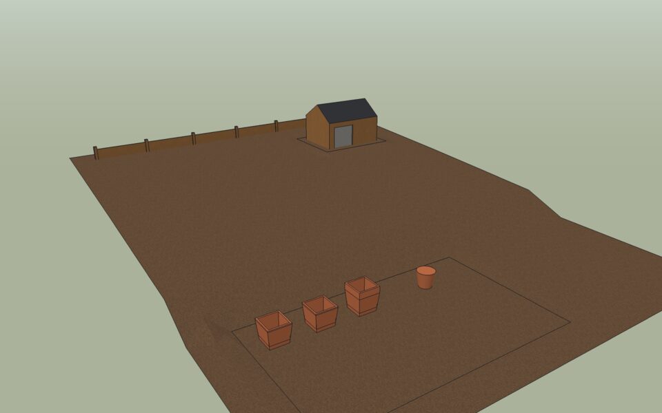 The terrain after grading two pads: the shed's pad at the back right, the patio's by the house. Hidden geometry shows the triangles added along the pads' edges.