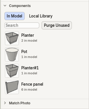 The Components panel: every component in the model with a thumbnail and a count.
