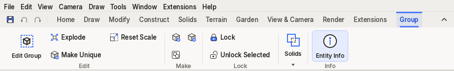 A group is selected, so the Group context tab appears at the right end of the tab strip, with Edit Group, Explode, Make Unique, Lock, the solid tools and Entity Info.