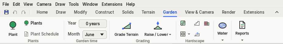 The Garden tab: planting, garden time, grading and sculpting, the hardscape tools and water.