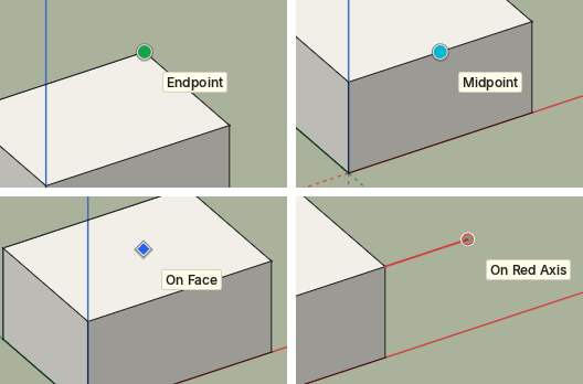 Inference while drawing a line: the end of an edge, the middle of an edge, a point on a face, and a direction along the red axis from the start point.
