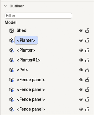 The Outliner of the project: the Shed group, the planters (one of them the unique Planter#1), the pot and the fence panels.
