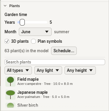 The Plants panel: garden time, display, the schedule, and the library with search and filters by type, light and height.