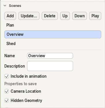 The Scenes panel: add, update, delete and reorder scenes, and choose what each one saves.