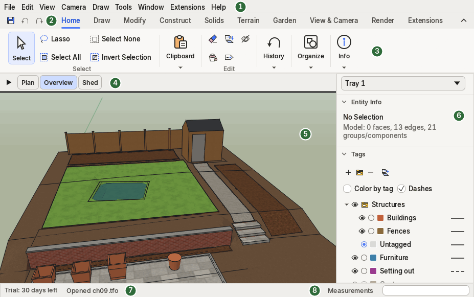 The Terrafold window with the guide's garden open: (1) the menu bar, (2) the ribbon tabs with the Quick Access bar on their left, (3) the ribbon, (4) the scene tabs, (5) the viewport, (6) the tray with its panels, (7) the status bar and (8) the Measurements box.