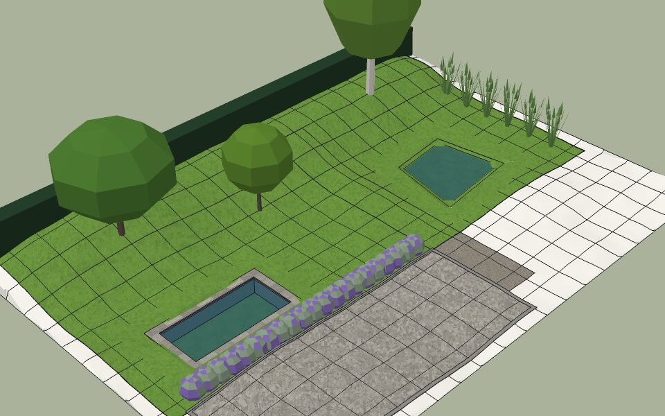 The hardscape example garden in Terrafold's modelling view: terrain mesh, lawn with steel edging, paved patio, pool, pond, hedge and trees.