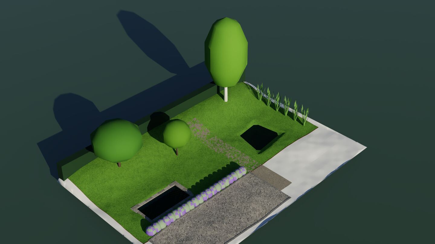 A path-traced render of a sloping garden with a paved patio, a lawn, a formal pool, a natural pond, a hedge and trees, made in Terrafold.