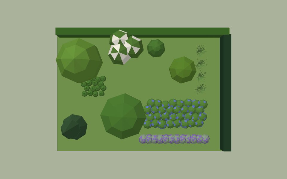 The planted garden seen from above, with trees, shrubs, hedges and perennials.