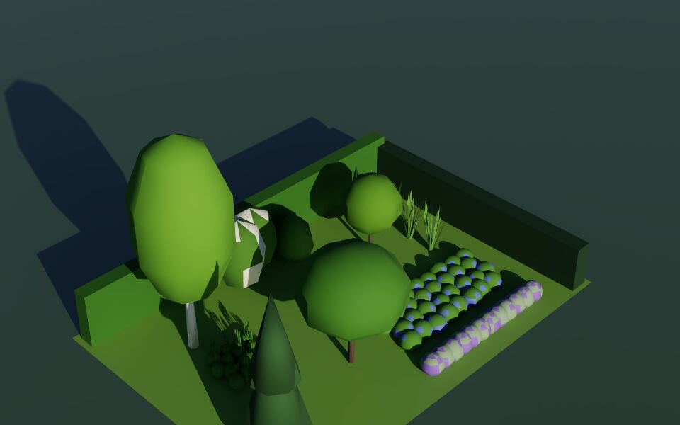 A path-traced render of a planted garden five years after planting: birch, maple, apple and pine trees, hedges, lavender and a perennial border.
